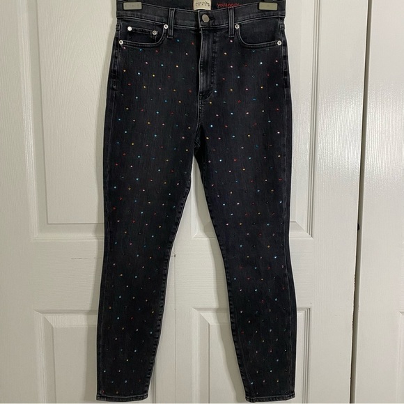 Alice + Olivia Skinny Leg Black Jeans Multicolor Crystals Print Mid-Rise size 28 - Picture 2 of 16